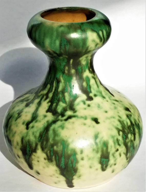 Green Drip Pottery Squat Vase, Vintage Ceramic Mottled Arts & Crafts Pot