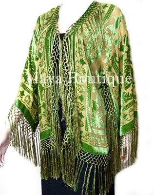 Pre-owned Maya Matazaro Green & Gold Fringe Jacket Kimono Silk Burnout Velvet Short