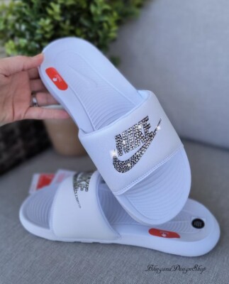 Women's Bling Nike Victori One Sandal Slides made with Crystal Rhinestones White