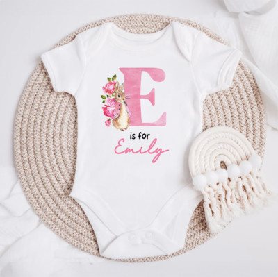 Personalised Pink Bunny Rabbit Name Initial Girls Baby Grow Bodysuit Vest