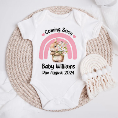 Personalised Pregnancy Reveal Pink Bunny Rabbit Girls Baby Grow Bodysuit Vest