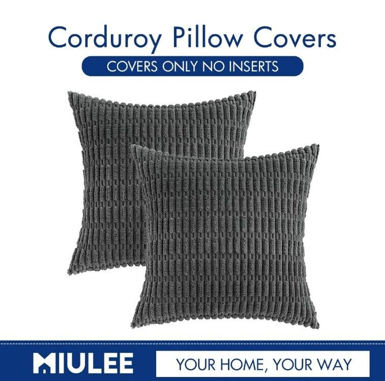 Miulee 2 Soft Corduroy Boho Stripe Throw Pillow Covers / Case ~ Dk Gray ~18x18"