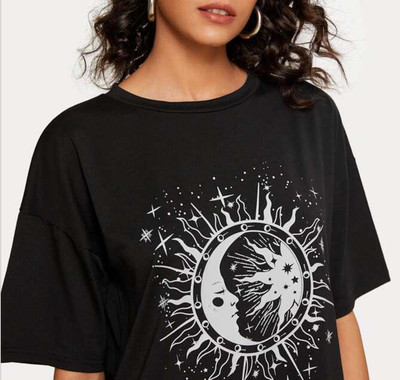 Moon & Sun Eclipse Women Boyfriend Graphic T-Shirt Black Universe Sees All SMALL
