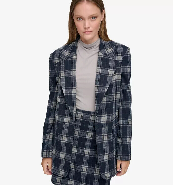 Calvin Klein X-Fit Plaid One-Button Blazer Women's 6 Navy Multicolor Long Sleeve - Picture 1 of 15