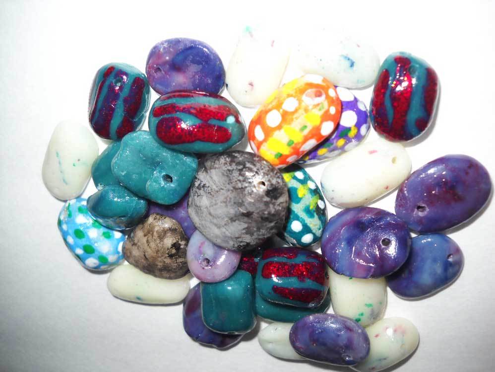 Set of 20 handmade beads, made of clay, for DIY projects, have one sewing hole,