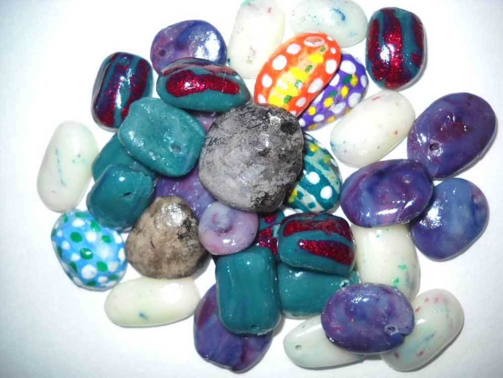 Set of 20 handmade beads, made of clay, for DIY projects, have one sewing hole,