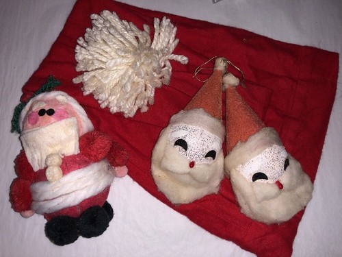Lot of VINTAGE Cotton Batting Santa Claus Head FELT Ornaments FLANNEL NIGHT CAP
