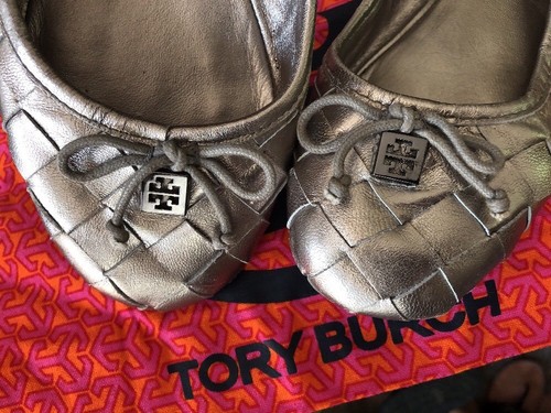 Tory Burch Woven Metallic Silver Flats Leather Size 7 M