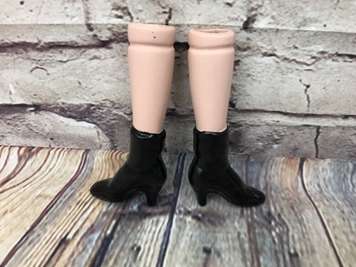 Vintage Porcelain Doll Legs 4” Painted Molded Black Boots Shoes Buttons