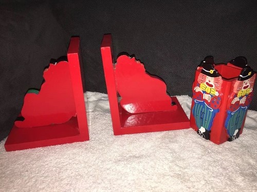 2 Clown Circus Wood Book-ends + Matching Pencil Holder Red Colorful Cute!!