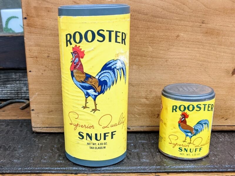 TWO COLORFUL ROOSTER SNUFF TINS CONTAINERS PAPER LABELS 