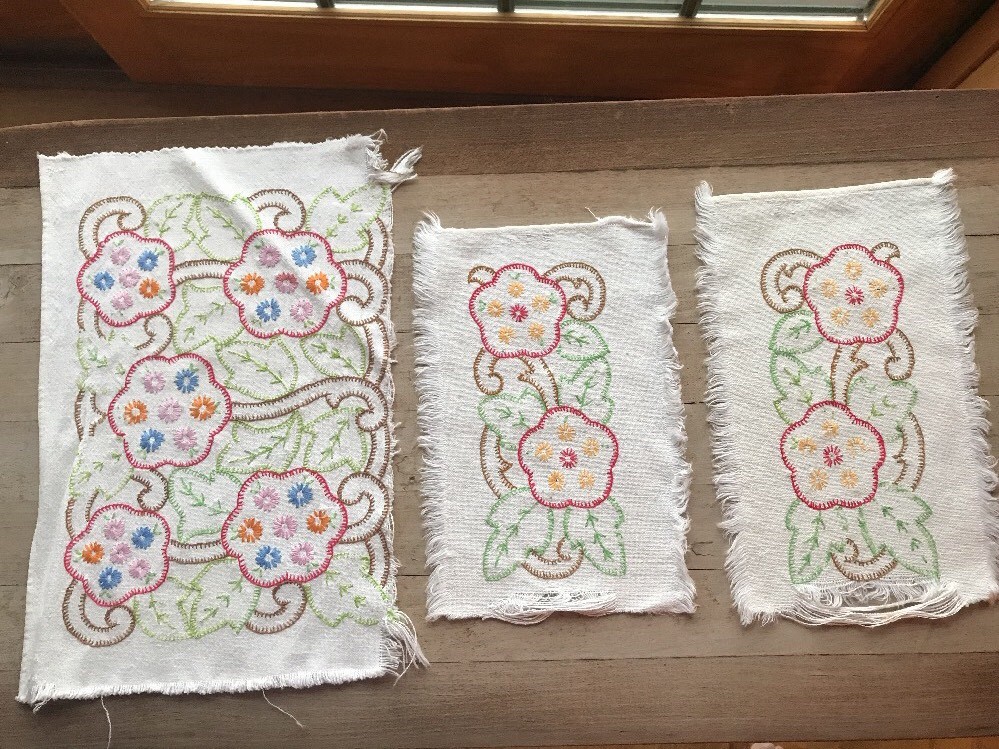Vintage Hand Embroidered Linen Scraps Bright Blanket Stitch Flowers