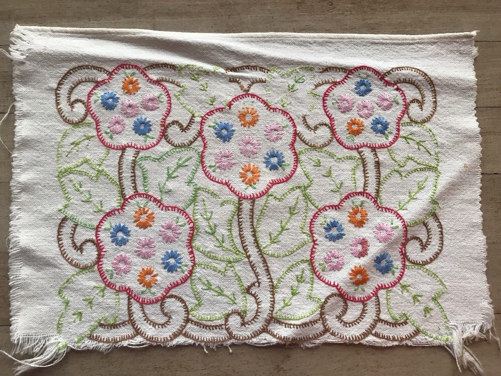 Vintage Hand Embroidered Linen Scraps Bright Blanket Stitch Flowers