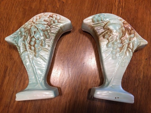 PAIR Vintage MCCOY Art Pottery VASE Grapes Aqua & Brown. Beautiful Perfect!!