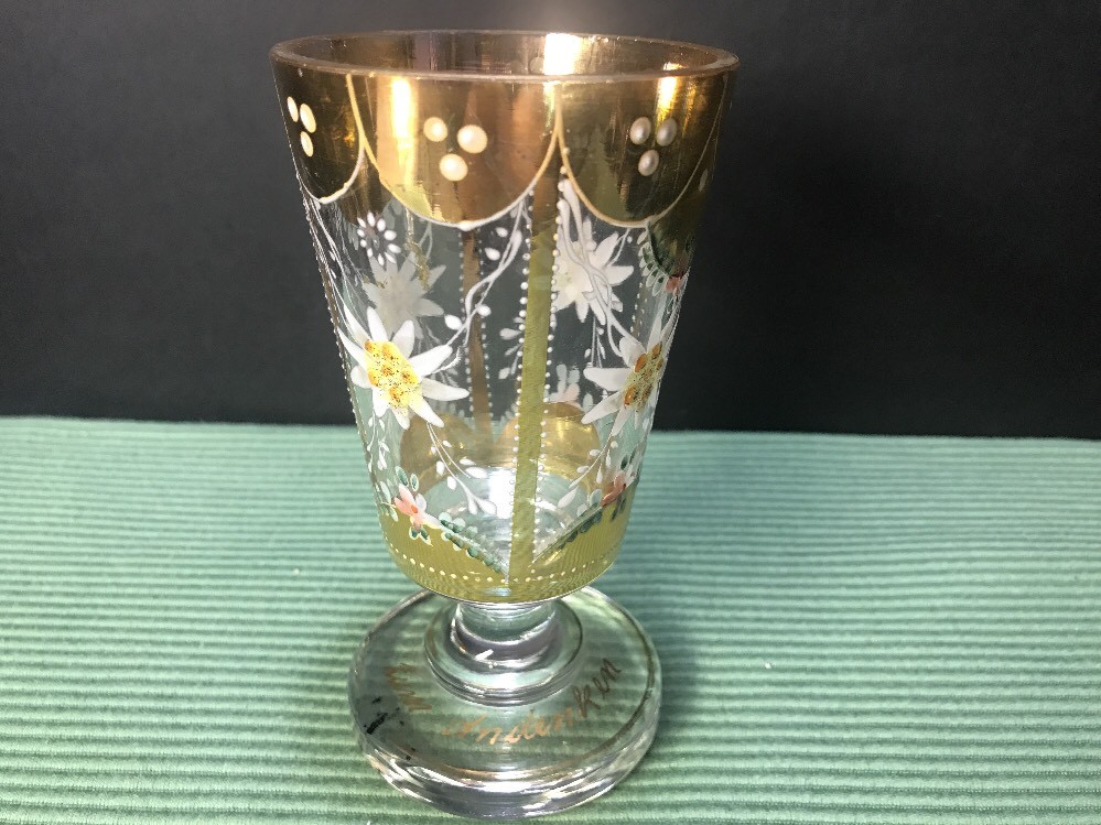 Antique Zum Andenken Bohemian  Enamel Flower Footed Glass Gilt Wine Goblet Glass