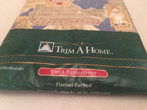 Trim A Home Christmas Vinyl Tablecover 60” Round Flannel-Backed