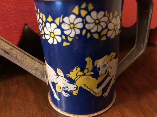 Antique Germany Child's Toy Miniature Doll Tin Watering Can Dogs & Teddy Bear