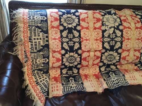 ANTIQUE SCHOOL HOUSE COVERLET 78x69 RARE PATTERN