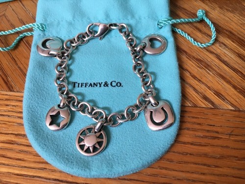 TIFFANY & CO STERLING SILVER 5 CHARMS BRACELET SUN MOON HEART STAR HORSESHOE