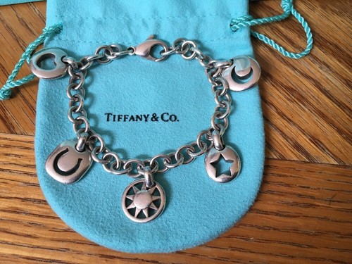 TIFFANY & CO STERLING SILVER 5 CHARMS BRACELET SUN MOON HEART STAR HORSESHOE