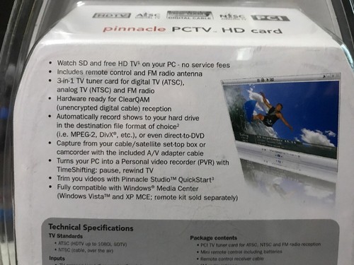 New - Pinnacle PCTV HD Card with Remote PCI HDTV Digital TV