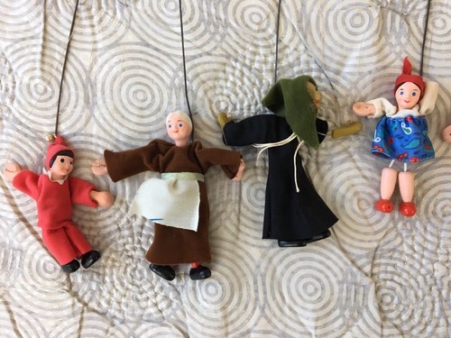 Vintage German Wood Puppet Stage Marionette w/ Lot 9 Puppet Dolls