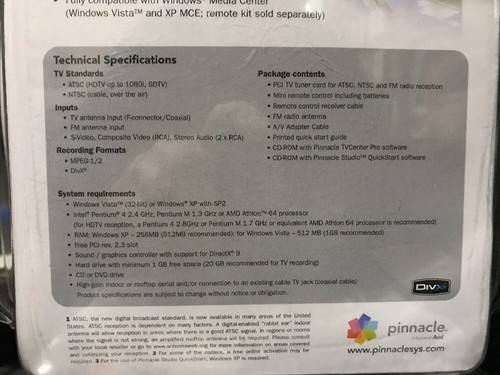New - Pinnacle PCTV HD Card with Remote PCI HDTV Digital TV