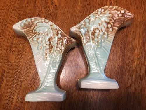PAIR Vintage MCCOY Art Pottery VASE Grapes Aqua & Brown. Beautiful Perfect!!