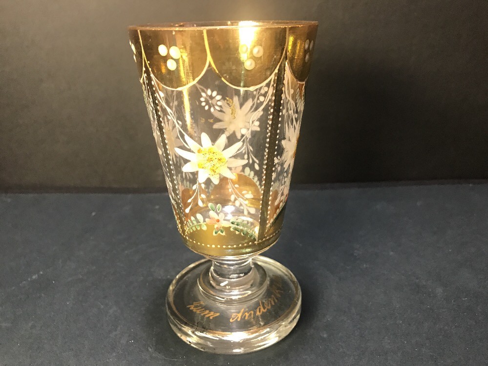 Antique Zum Andenken Bohemian  Enamel Flower Footed Glass Gilt Wine Goblet Glass