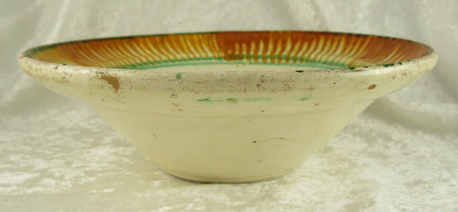 Vintage American Slipware Bowl White Ground Orange Green 8.25 inch Diameter