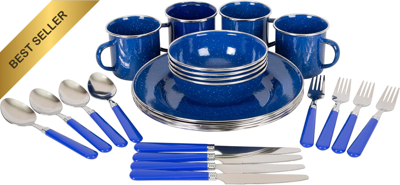 Enamel Camping Tableware Set, 24-Piece, Blue