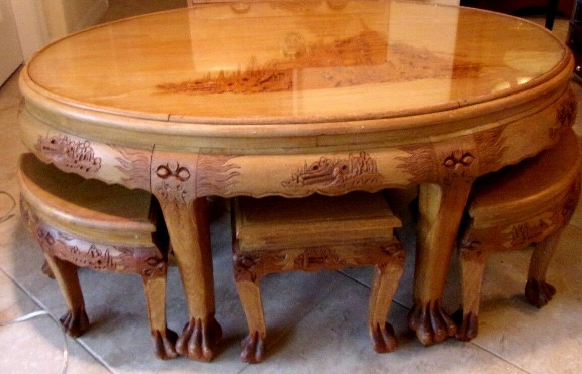Vintage Asian Chinese Tea table tuck under stools Glass top Hand Carved