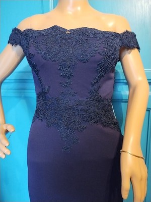 Babyonline~ Blue Drop Shoulder Lace Mermaid Prom Dress Size S