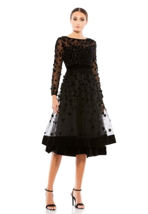   MAC DUGGAL 67007D Черное прозрачное чайное платье из роскошного бархата с цветочным рисунком и длинными рукавами 12