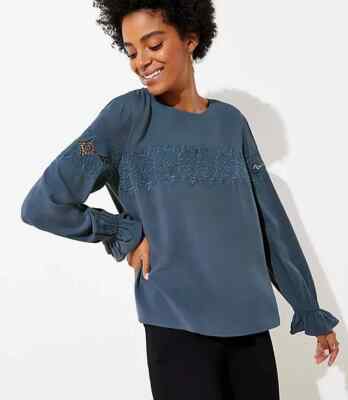 Ann Taylor LOFT Blue Embroidered Floral Lace Yoke Blouse sz S NEW NWT