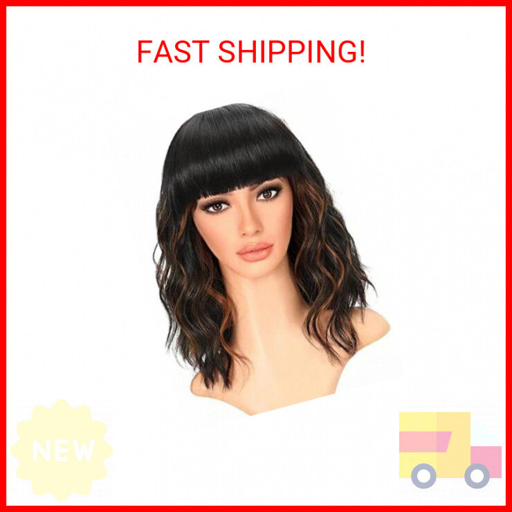 Short Brown Wavy Bob Wig with Bangs,Realistic Highlights Short Curly Bob Wigs Fu
