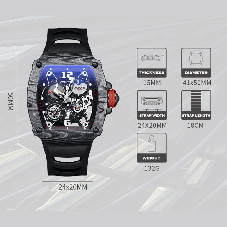 Pre-owned San Martin Hanboro Men Automatic Watch Luxury Luminous Mechanical Wristwatch Tonneau Case