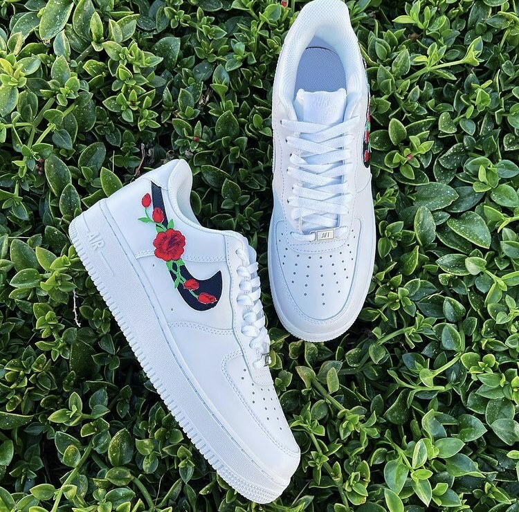 Pre-owned Nike Air Force 1 Red Rose Custom Low Floral White Black Shoes Mens Womens Kids