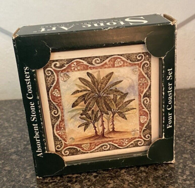 Stone Art 4 Absorbent Stone Coasters Tropical Palm Trees & Pineapple Cork Backed