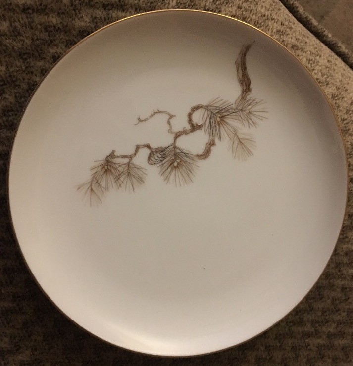 Larchmont by Sango Japan Cup and Saucer Set Pine Branch Pattern White Porcelain