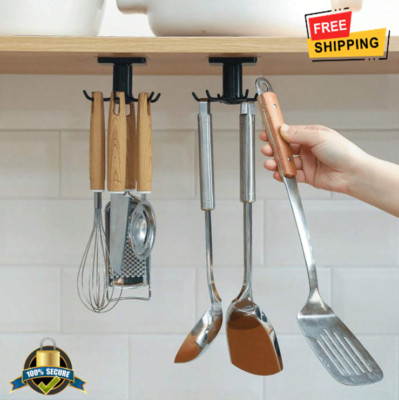 360° Rotating Self-Adhesive Kitchen Hook Rack-6 Hooks, No Drilling, Easy Install