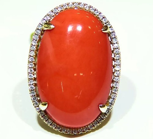 Designer 18K Gold Natural Coral White Cut Diamond Engagement Ring Vintage Retro