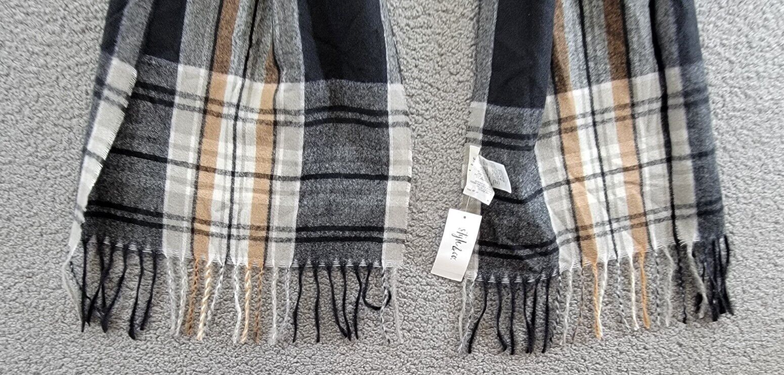 Style & Co. Soft Plaid Fringe-Trim Scarf Women's One Size Black Neutral - Picture 4 of 13