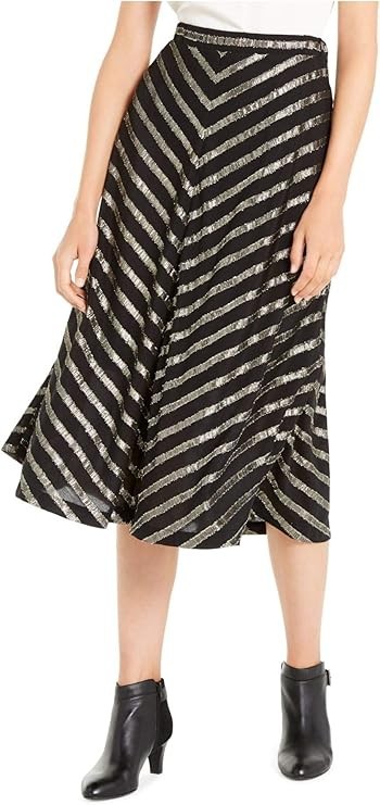 ALFANI Metallic Striped Midi Skirt Women's 8 Black/Gold Elastic Waist Pull On - Picture 1 of 15
