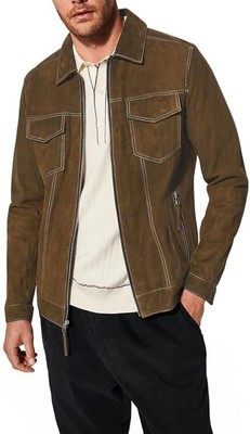 Mens Brown Suede Leather Trucker Jacket Classic Bomber Motorcycle Western Jacket