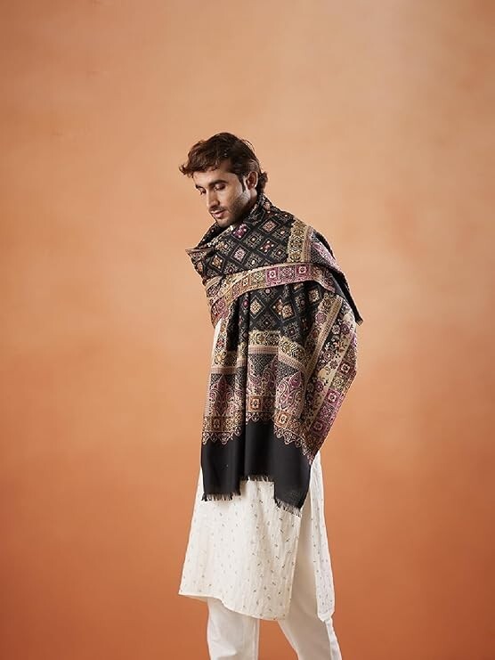 Pre-owned Handmade Men Jamawar Shawl, Authentic Kashmiri Luxury Pashmina Style Shawl, Stole 40"x80" In Multicolor