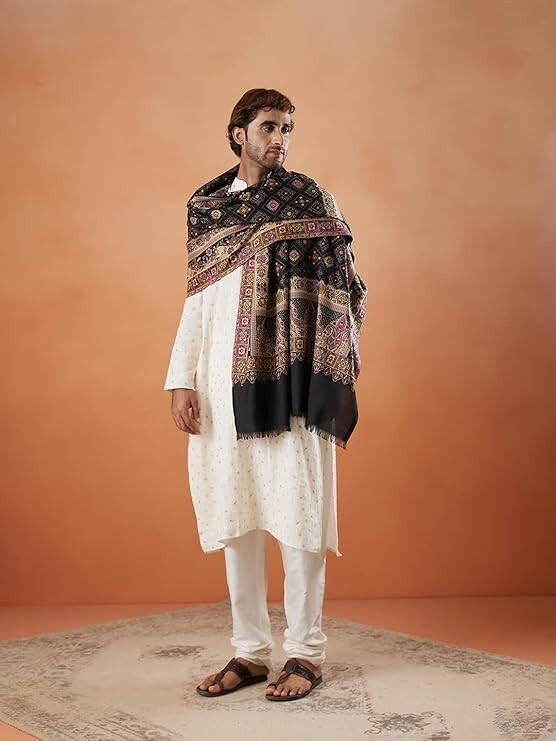 Pre-owned Handmade Men Jamawar Shawl, Authentic Kashmiri Luxury Pashmina Style Shawl, Stole 40"x80" In Multicolor