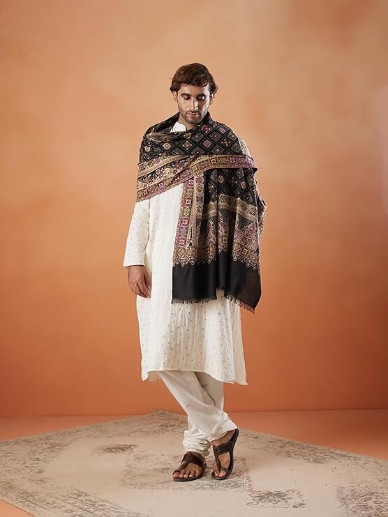 Pre-owned Handmade Men Jamawar Shawl, Authentic Kashmiri Luxury Pashmina Style Shawl, Stole 40"x80" In Multicolor