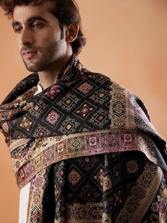 Pre-owned Handmade Men Jamawar Shawl, Authentic Kashmiri Luxury Pashmina Style Shawl, Stole 40"x80" In Multicolor