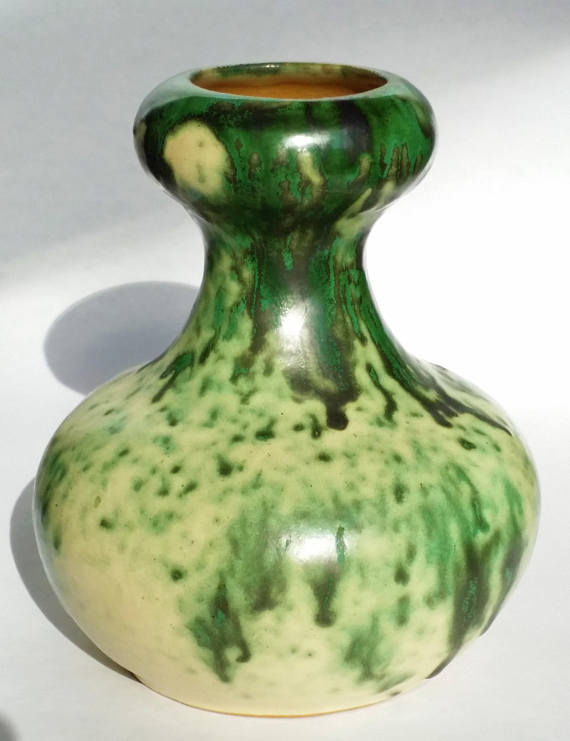 Green Drip Pottery Squat Vase, Vintage Ceramic Mottled Arts & Crafts Pot